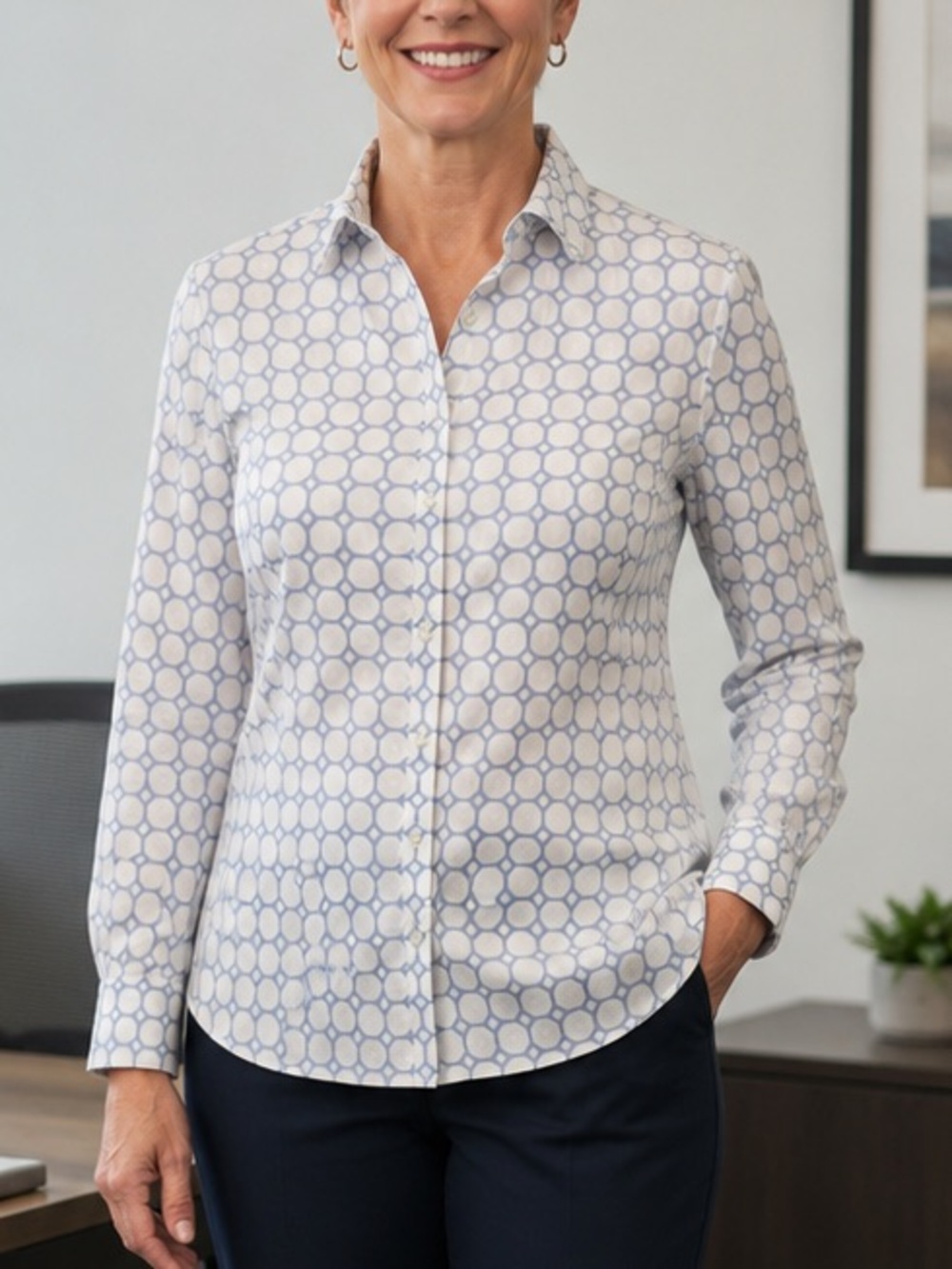 Lands' End Button Down Shirt Fitted Long Sleeve 4P Blue White